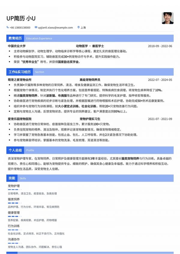 宠物饲养员简历模板:熟悉猫类宠物饲养简历模板预览