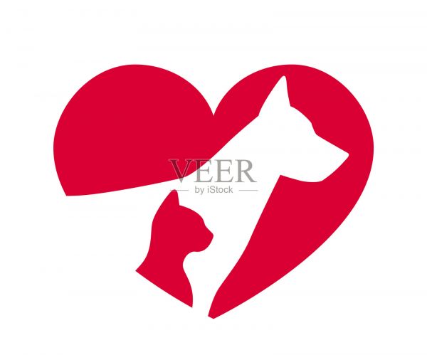 心形图形,包含狗和猫的轮廓。象征着宠物的爱、领养、救助和兽医护理。非常适合用于网站和社交媒体。插画图片素材