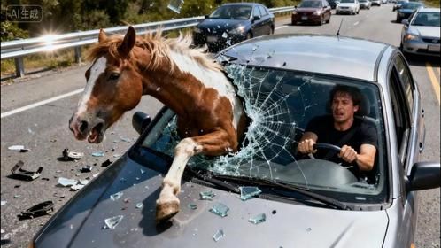马儿在马路上狂奔，却一头栽进迎面而来的汽车，场面惨不忍睹！