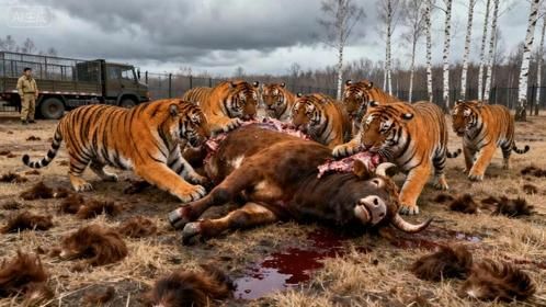 活牛投喂12只东北虎，车门打开瞬间场面失控，结局惨不忍睹
