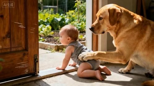 宝宝偷偷爬出来玩，不料被狗狗发现，下一秒憋住别笑