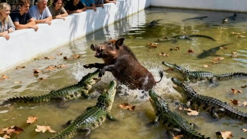 野猪惹怒外国人，直接被扔进鳄鱼池，场面瞬间失控！