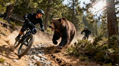 男子在森林中骑行速降车，突然被棕熊追赶，上演生死时速！