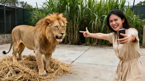 女子对雄狮做一个假动作，瞬间惹怒雄狮，现场惊险到让人窒息！