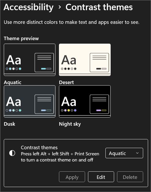 Accessibility contrast themes screenshot.
