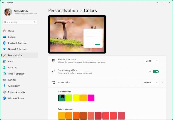 Screenshot of the Settings app showing the option to customize accent colors.