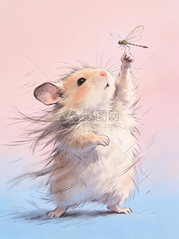 仓鼠举爪抓蜻蜓梦幻背景图片