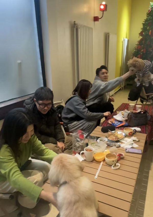 宠物咖啡店里,顾客们正边享用美食边聚会。(千龙网记者 徐锟 摄)