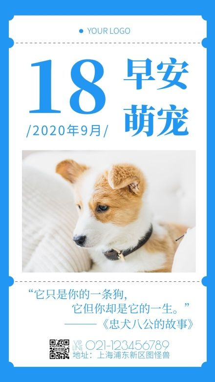 蓝色简约风早安萌宠宠物心语