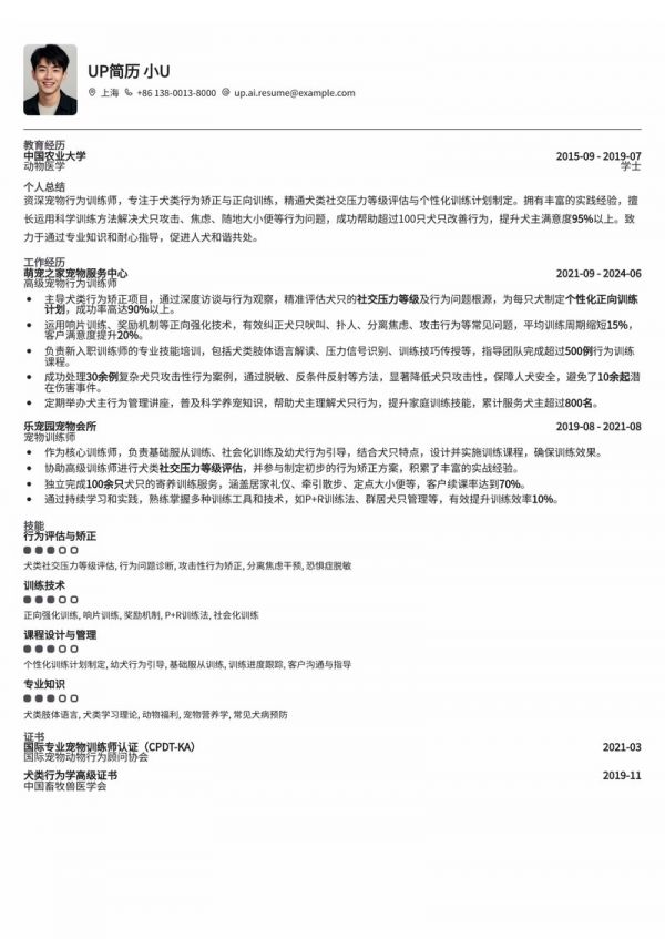宠物行为训练师简历模板（犬类社交压力评估与正向行为矫正专家）简历模板预览