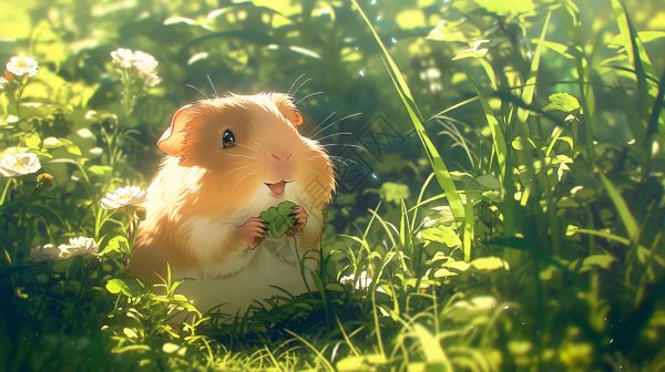 橙白豚鼠坐绿草丛啃食绿叶高清图片