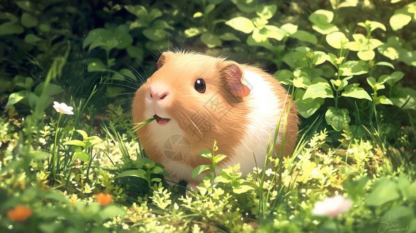 豚鼠坐在绿色草丛中高清图片
