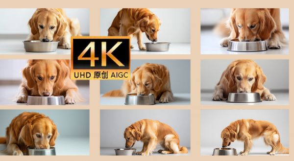 宠物狗享受美食片头 金毛犬的进食特写