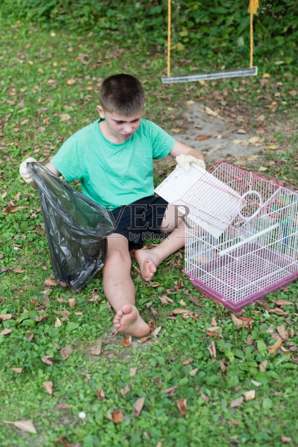 男孩在清理宠物鸟的排泄物并打扫鸟笼。照片摄影图片