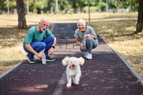 户外老年人健身女性的生活方式积极运动锻炼健康狗狗宠物爱慢跑跑步活力男士情侣长者照片摄影图片