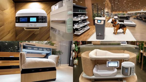 宠物店里展示的狗窝与自动喂食器组合