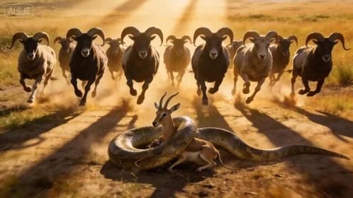 巨蟒缠羚羊！15头公羊踏蛇而过，蛇身碾成烂泥