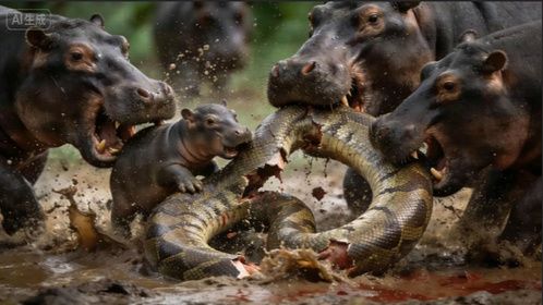 暴怒反击！巨蟒偷吞河马幼崽，8头河马围殴咬成碎段