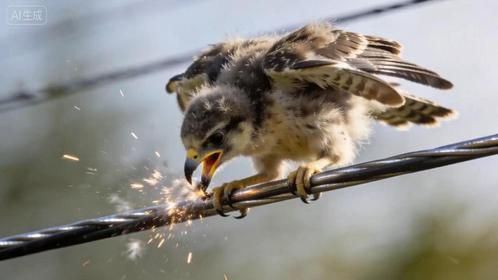 不知高压电危险！幼鹰非要去啄咬，镜头记录“作案”过程