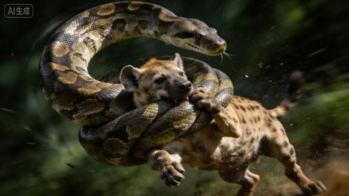 3只鬣狗掏腚巨蟒，反被缠断脊梁，血溅三尺