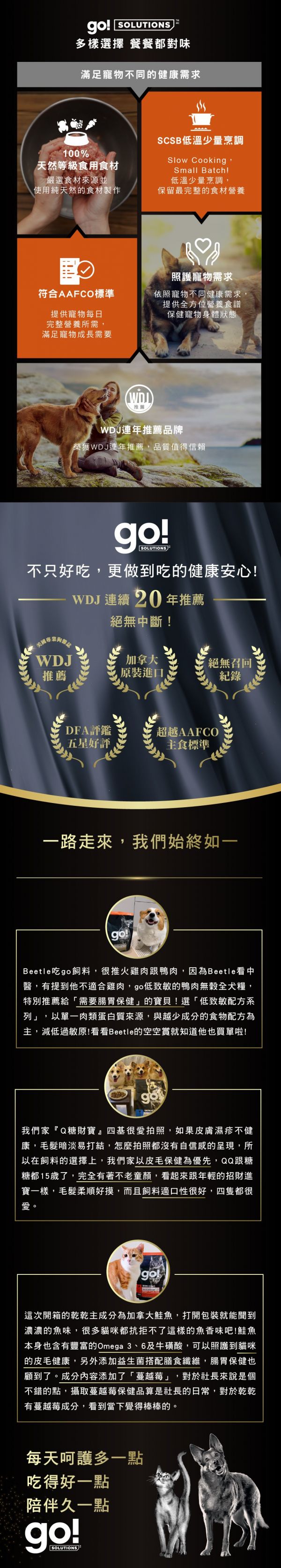 加拿大原裝進口,100%天然等級食用食材,SCSB低溫少量烹調,保留最完整的營養食材,符合AAFCO寵物每日營養所需。WDJ連年推薦品牌。go!全方位飼料滿足寵物不同健康需求。