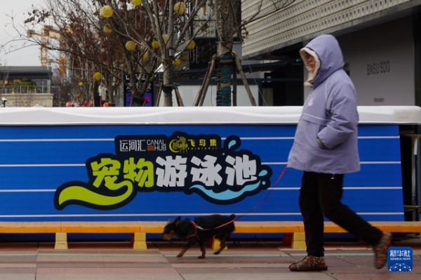 2月9日，在无锡市运河汇街区，一位市民在“宠物游泳池”设施边遛狗。 新华社发（刘臻睿摄）