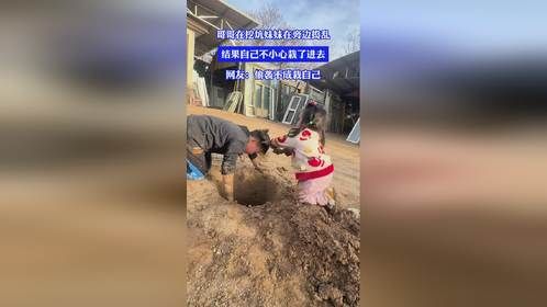 哥哥在挖坑妹妹在旁边捣乱，结果自己不小心栽了进去，网友：偷袭不成栽自己