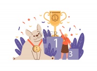 可爱有趣的小狗在宠物比赛中获得第一名，平面矢量插图孤立在白色背景上。图片