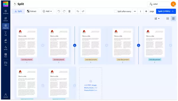 How to split a PDF: import the file, select pages with the scissor tool, split, and download the new files